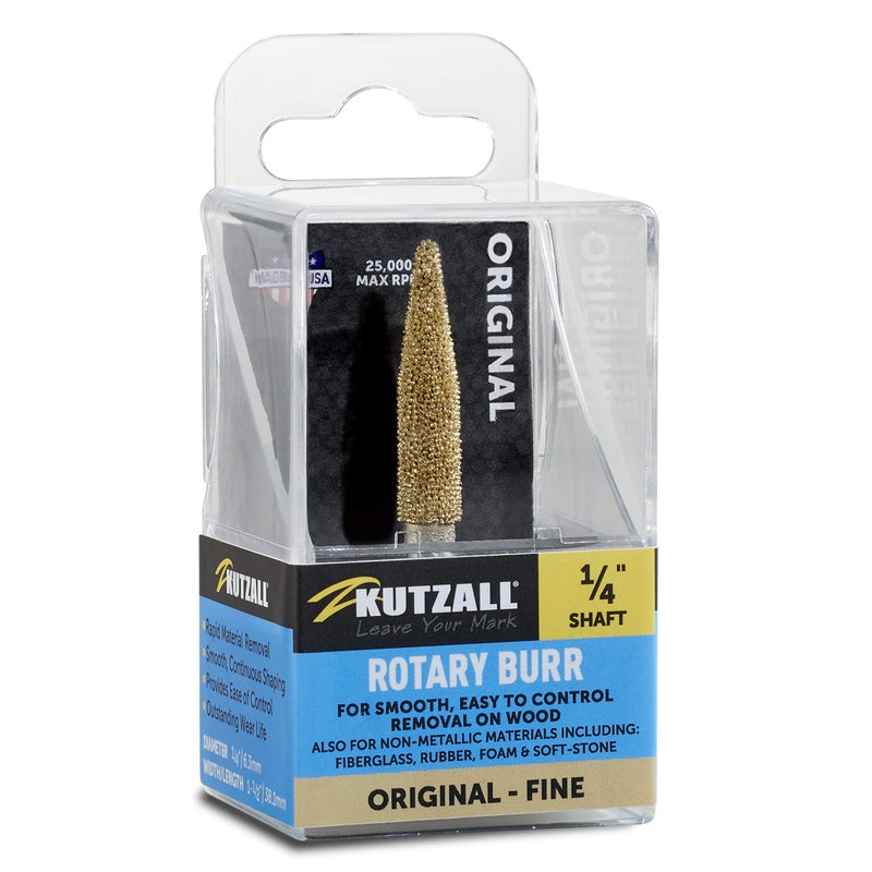 Kutzall Original Taper Rotary Burr, 1â„4" Shaft, Fine - Wood Carving Bit for Bosch, DeWalt, Milwaukee. Abrasive Tungsten Carbide, 1â„4" (6.3mm) Head Dia. X 1-1â„2" (38.1mm) Length, T-14G - Image 1